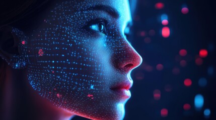 Digital Intelligence: Close-up Human Face with Holographic AI Data Overlays for Analysis and Targeting