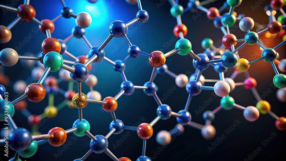 Poster abstract molecule structure in various colors on a dark background, molecule, abstract, structure,sc