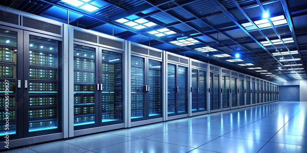 Poster rendering of a high-tech server room filled with server computers, server, room, network, technology, data, center