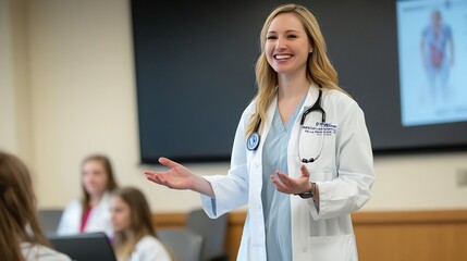 Nurse educator a classroom teaching nursing students about clinical skills