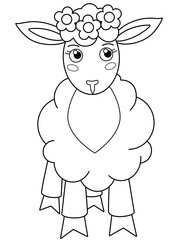 Sheep in a wreath - a vector linear picture for coloring. Outline. Little sheep, lamb in a wreath for a children's coloring book	