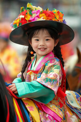 Smiling child in colorful traditional clothing, adorned with a flower hat during a cultural festival. The vibrant colors and joyful expression evoke happiness and cultural pride.