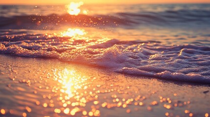 Sunset dramatic image of ocean river sea waves in the ocean. Soft focus of surface close up water river in warm tone. Reflection of sunset or sunrise ripples of water.