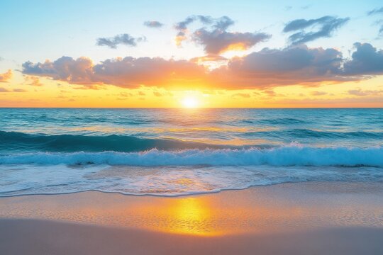 A vibrant sunset over gentle ocean waves with a sandy beach.