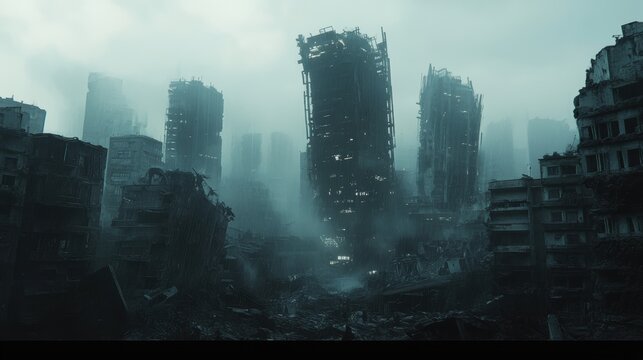 Dystopian Future: Human Resistance vs. AI Forces in Ruined Cityscape