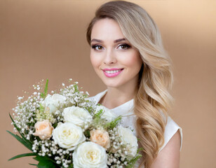 Obraz premium Piękna kobieta z bukietem kwiatów