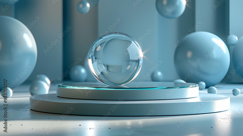 Poster transparent sphere hovering above platforms with floating spheres in a minimalist setting