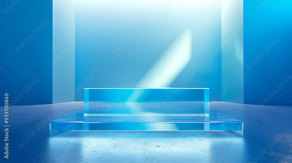 Poster modern blue display showcase with illuminated backdrop in a minimalist setting