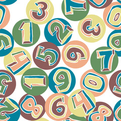 Hand drawn numbers seamless vector pattern for digital background, wallpaper and textile print. Cartoon style drawing. Education and finance theme, school lettering mathematic.