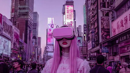 Fototapeta premium young woman in pink dress and virtual reality glasses walking down crowded street