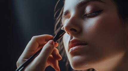 Obraz premium A woman receives a makeup application with a brush on her face.