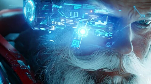 Santa claus in a high-tech red exoskeleton with a futuristic heads-up display, blending tech and fantasy for a magical holiday twist