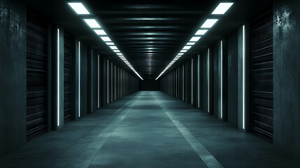 Fototapeta premium A long, dark tunnel , illuminated by bright white lights along each side