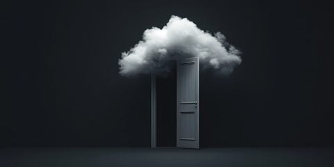 Surreal Minimalist Concept: Clouds Entering Open Door. Abstract Black and White Design for Inspiration and Freedom. Elegant Template with Copy Space for Text or Graphics. Perfect for UI, Web Posters, 