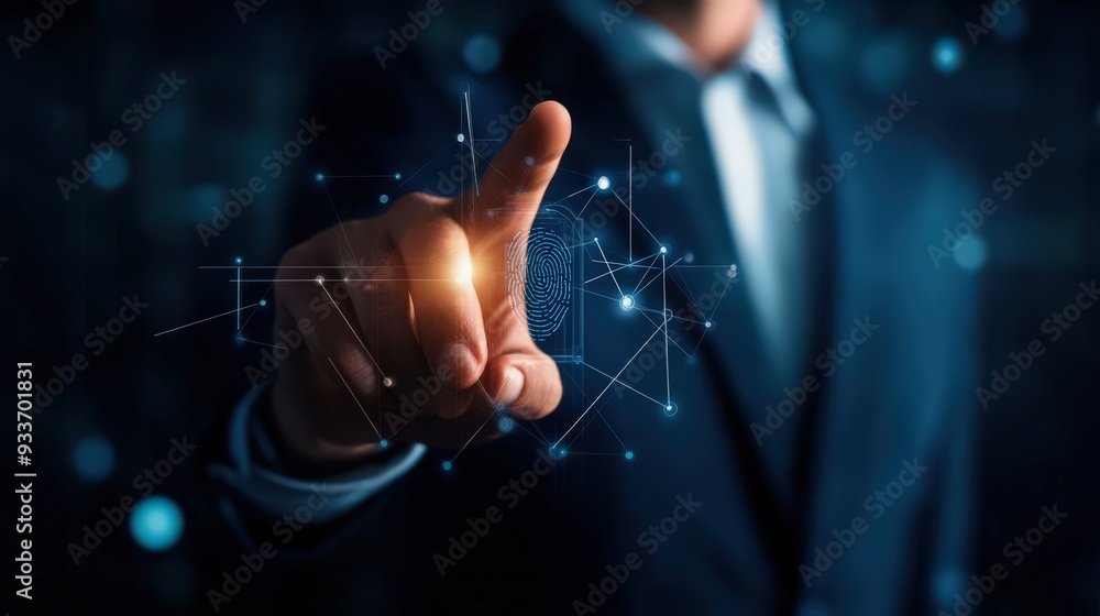 Poster fingerprint scanning enhances network security as a businessman unlocks access to sensitive data
