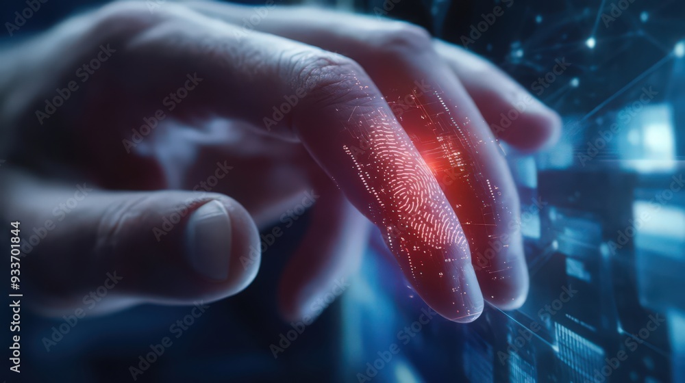 Poster fingerprint scanning enhances network security as a businessman unlocks access to sensitive data