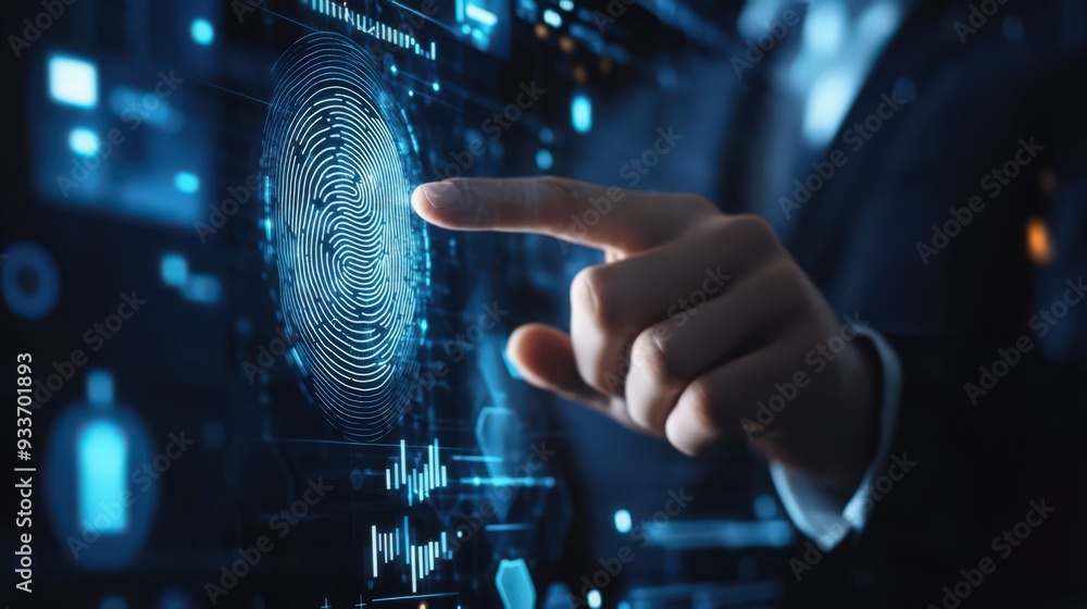 Poster fingerprint scanning technology allows a businessman to securely access the network, protecting priv