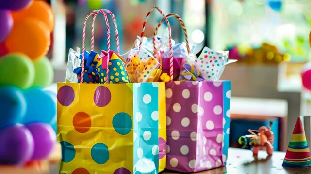 Colorful paper gift bags with polka dots and various toys inside