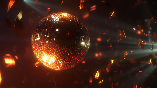 Disco ball, dark background, red and gold lights, floating elements, hyper-realistic