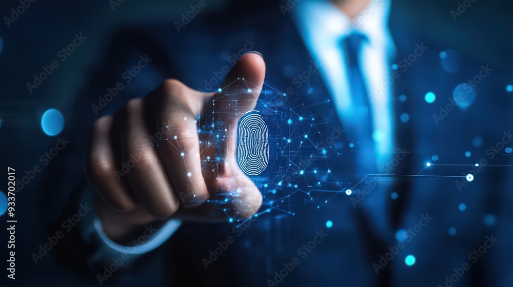Poster fingerprint scanning technology allows a businessman to unlock and access the secure network.