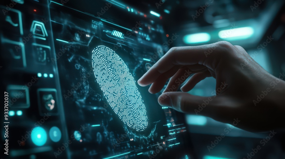 Aufkleber fingerprint scanning technology allows a businessman to unlock and access the secure network.