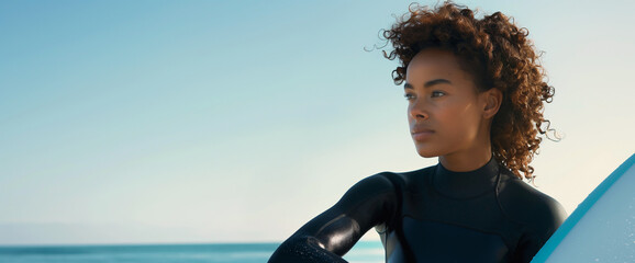 Woman surfer in a wetsuit with surfboard at beach looking out at ocean