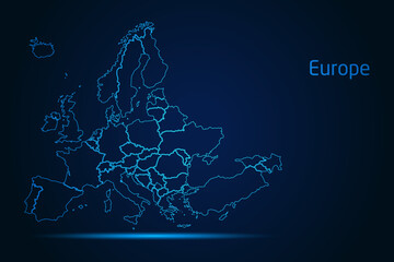 Abstract High Detailed Glow Blue Map on Dark Background of Map of Europe symbol for your web site design map logo, app, Travel. Vector illustration eps 10.	
