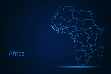 Abstract High Detailed Glow Blue Map on Dark Background of Map of Africa symbol for your web site design map logo, app, Travel. Vector illustration eps 10.	
