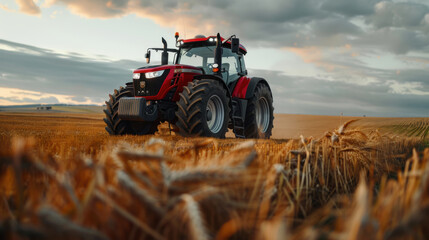 Fototapeta premium A red tractor sits in a ripe wheat field under a dramatic sky, symbolizing agriculture and farming machinery.