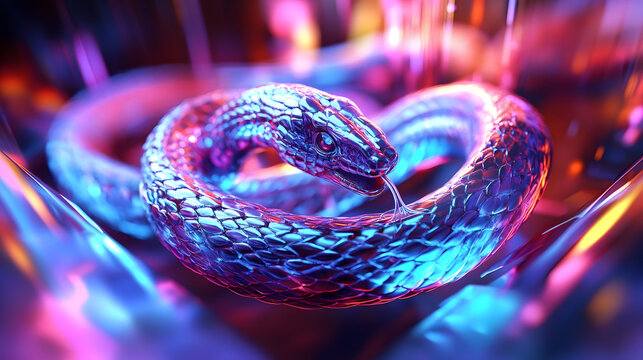 Coiled serpent with graphic lines emerging from neon vortex.