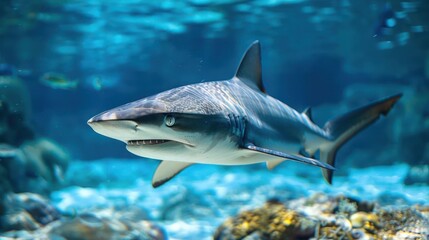 Obraz premium A shark swimming among coral in an aquarium, viewed from above with natural lighting and colors.