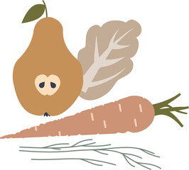 Illustration of wilted pear, carrot, and leaves, symbolizing food spoilage.