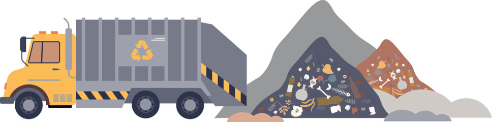Fototapeta premium Garbage truck near piles of waste at a dumpsite, symbolizing waste management challenges.