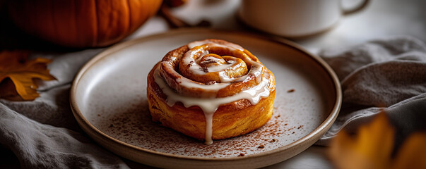 Pumpkin cinnamon roll with icing on autumn-themed plate