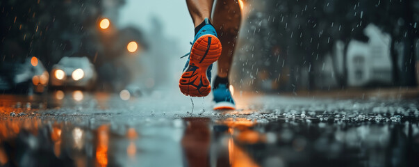 Fototapeta premium Runner training on wet autumn road with colorful leaves