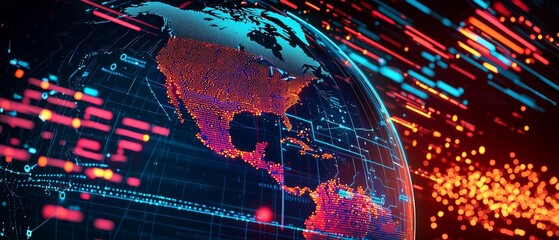Naklejka premium Digital Globe with North America and Neon Lights