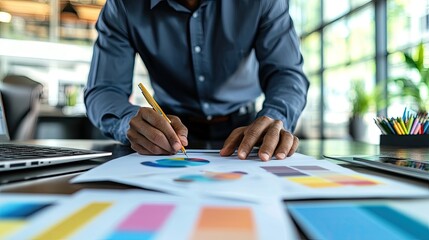 Fototapeta premium A businessman analyzes charts and graphs. This image is ideal for representing business, finance, and data analysis.