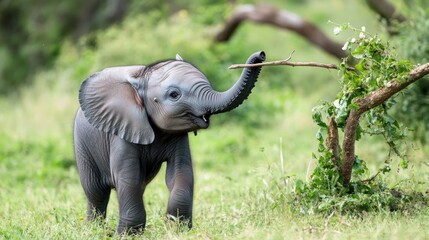 Obraz premium Adorable Baby Elephant Playing with a Branch in the African Savanna