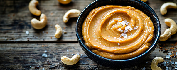 Creamy cashew nut butter with sea salt in a rustic bowl