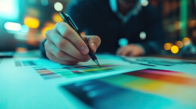 A close-up of a hand with a pen on a color chart. This image is perfect for advertising graphic design, color palettes, and artistic creativity.