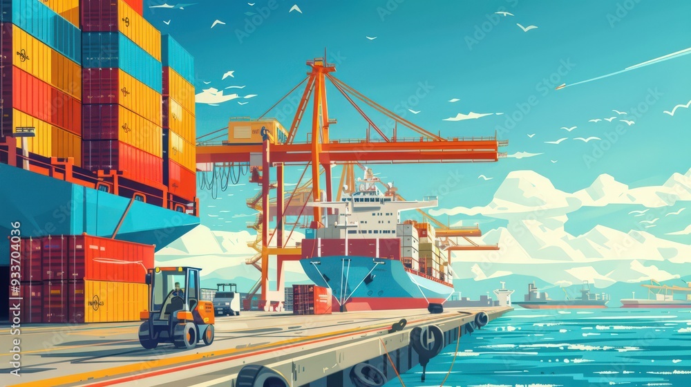 Poster illustrate a cargo ship equipped with high-tech loading and unloading systems,