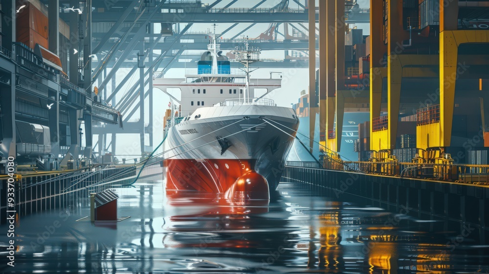 Poster illustrate a cargo ship equipped with high-tech loading and unloading systems,