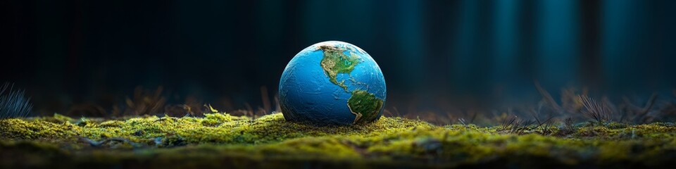 Moss-Covered Earth: Creative Concept for Earth Day and Environmental Awareness. Green Planet Symbolizing Eco-Friendly Initiatives, Sustainability, and Renewable Resources. Elegant Design for Marketing