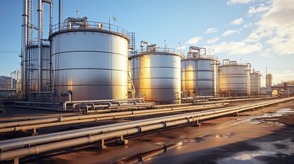 Obraz premium Row of storage tanks under blue sky