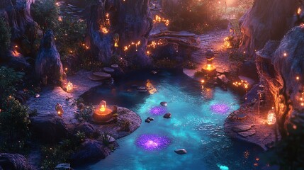 Enchanting luminescent water pool surrounded by mystical rocks and glowing lanterns, creating a serene atmosphere at twilight.