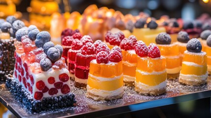 Assortment of colorful desserts with fruit. Perfect for advertising bakery, cake shop, or pastry products.