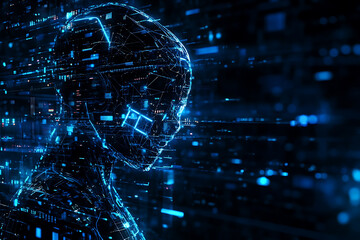 An abstract digital background featuring a stylized robot, set against a backdrop of futuristic patterns and vibrant colors