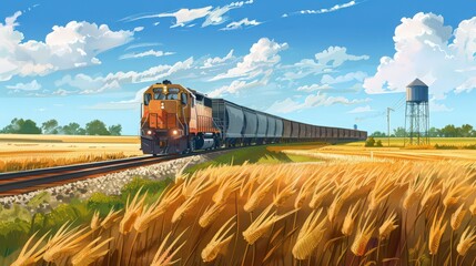 Fototapeta premium Illustrate a cargo train loaded with agricultural produce, such as grain or fruit, as it travels through farm country