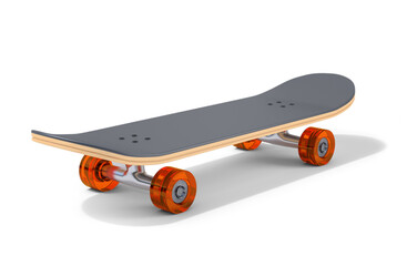 A skateboard with orange wheels and a grey deck