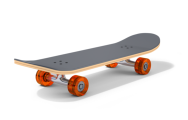 A skateboard with orange wheels and a grey deck